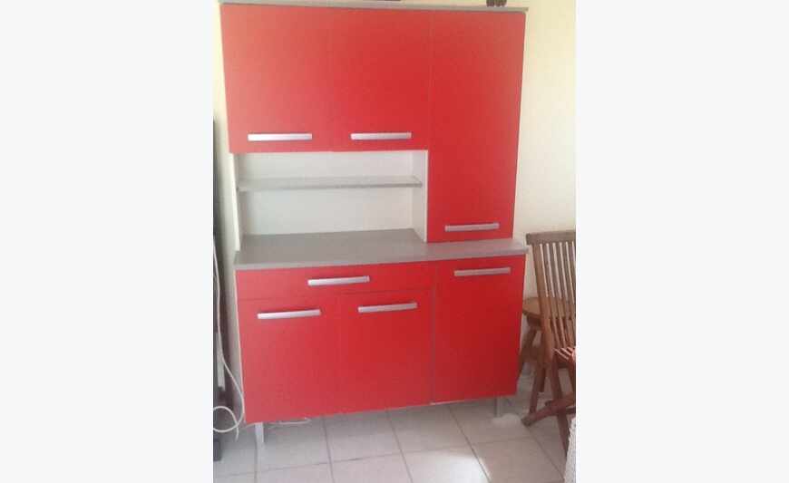 Bed, cupboard, coffee table, Ottoman, Buffet, fridge.