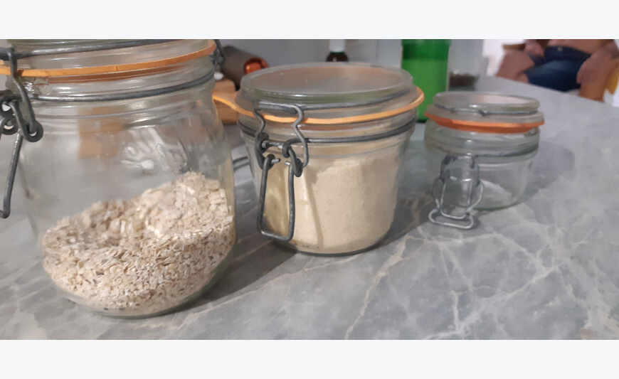 Basket and tray and 3 jars