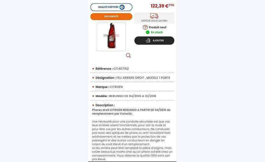 Feux arrière (droit) neuf Berlingo 2015/2018