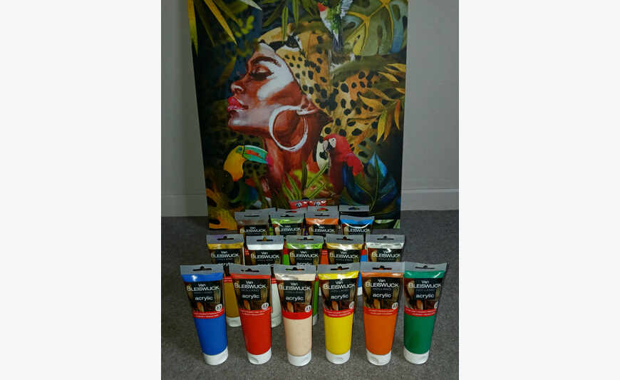 Lot tubes peinture acrylique, chevalet, pinceaux